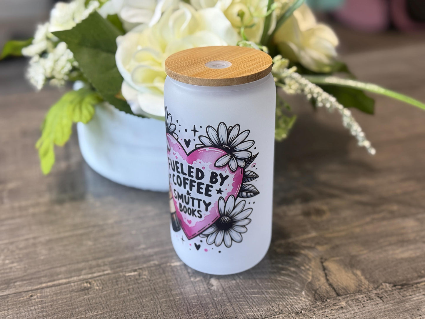 Fueled by Coffee & Smutty Books | 16oz Frosted Glass Tumbler with Bamboo Lid and Straw | Book Lover Gift