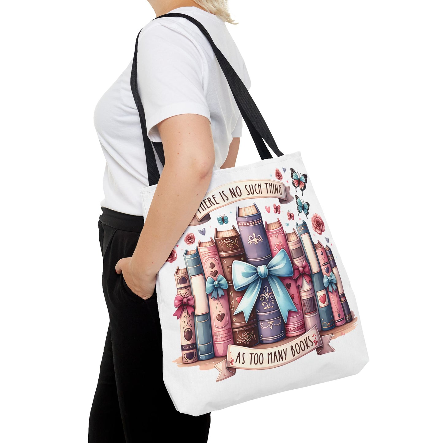 Book Lover Tote Bag | "There Is No Such Thing As Too Many Books" | Cute Bookish Gift with Bows & Butterflies