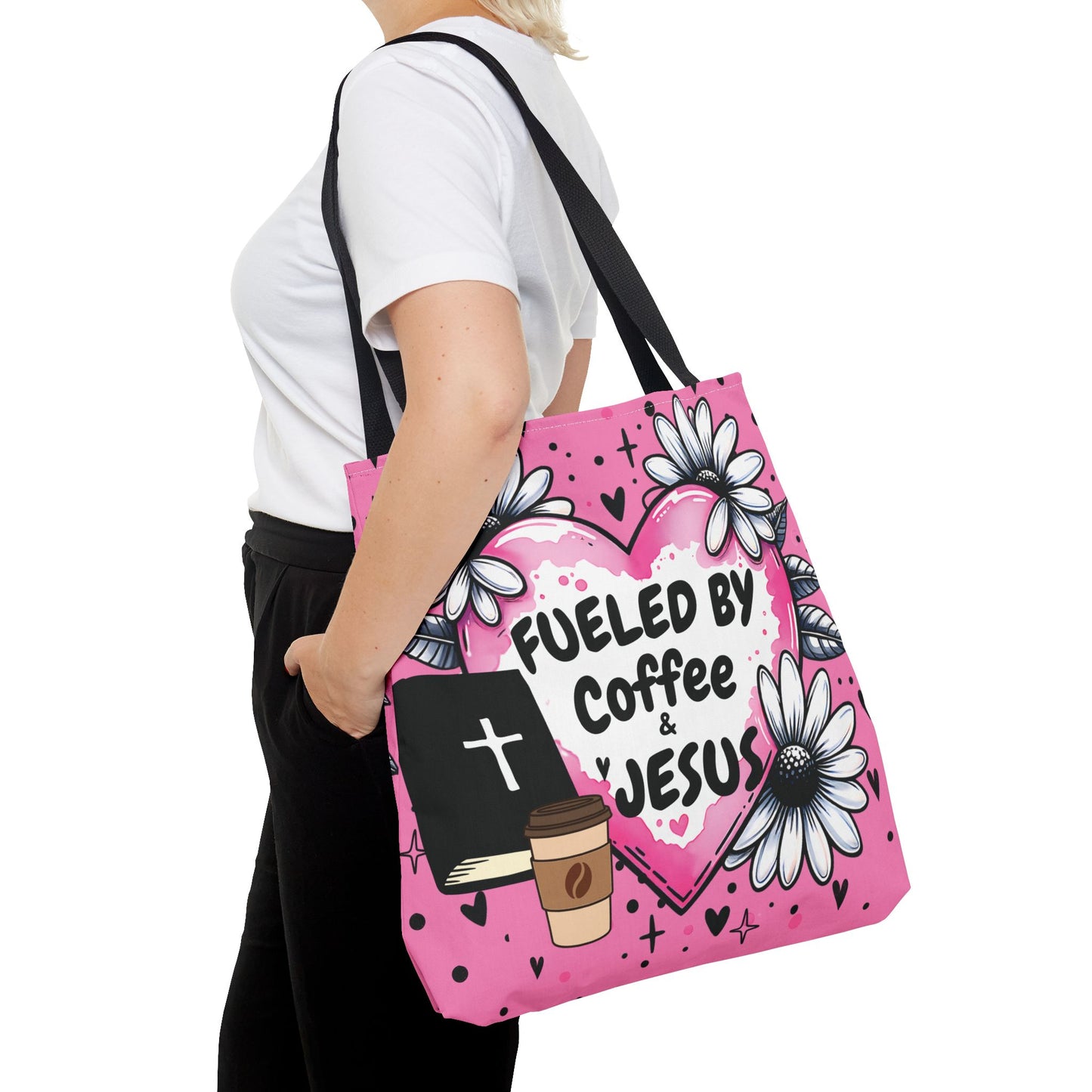 Fueled by Coffee & Jesus Christian Tote Bag | Pink Floral Faith Market Bag