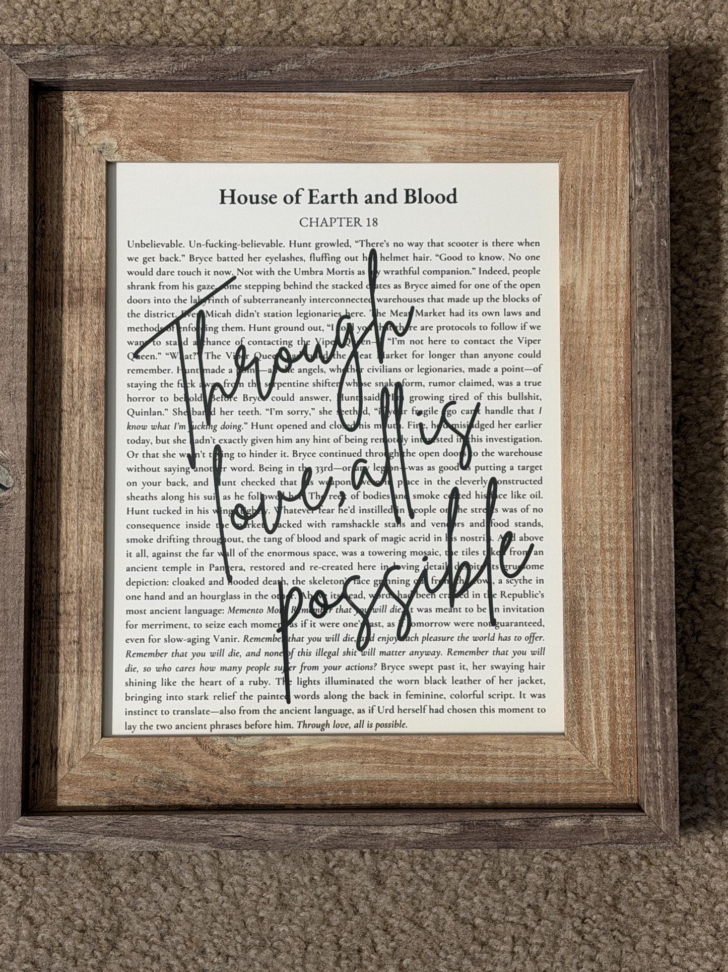 Bookish Frame | Crescent City | "Through Love, All Is Possible" | Framed Book Page Art | House of Earth and Blood Decor | Sarah J. Maas