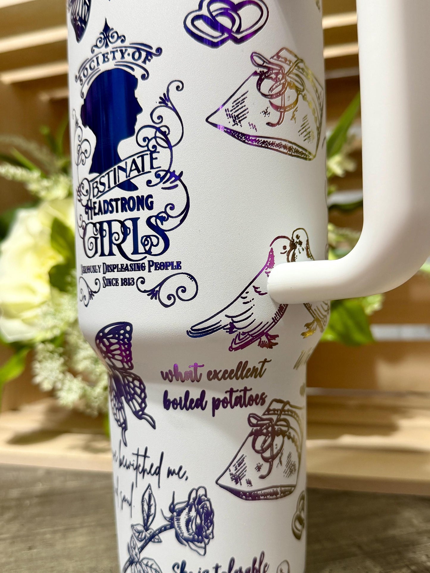 Pride and Prejudice Stanley Style 40oz Engraved Tumbler | White Rainbow Bookish Cup | Jane Austen Inspired Gift | Romance Reader Mug