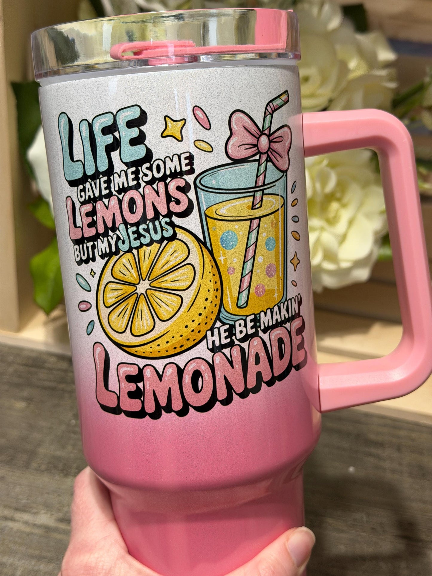 Pink Ombre Lemonade 40oz Tumbler | Faith-Inspired Quote Cup | Stanley Style Insulated Travel Mug