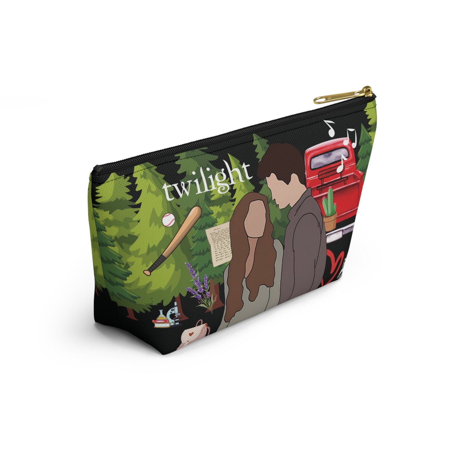 Twilight Inspired Cosmetic Bag | Forest Romance Design with Red Truck & Bookish Icons | YA Zipper Pouch