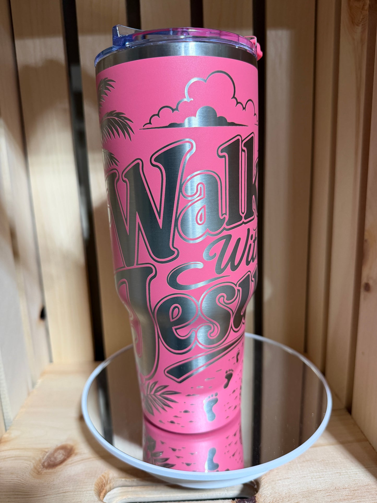 Walk With Jesus 40oz Engraved Tumbler | Christian Gift for Women | Faith Coffee Cup | Laser Engraved Pink Tumbler | Religious Gift | Bible Inspired Cup