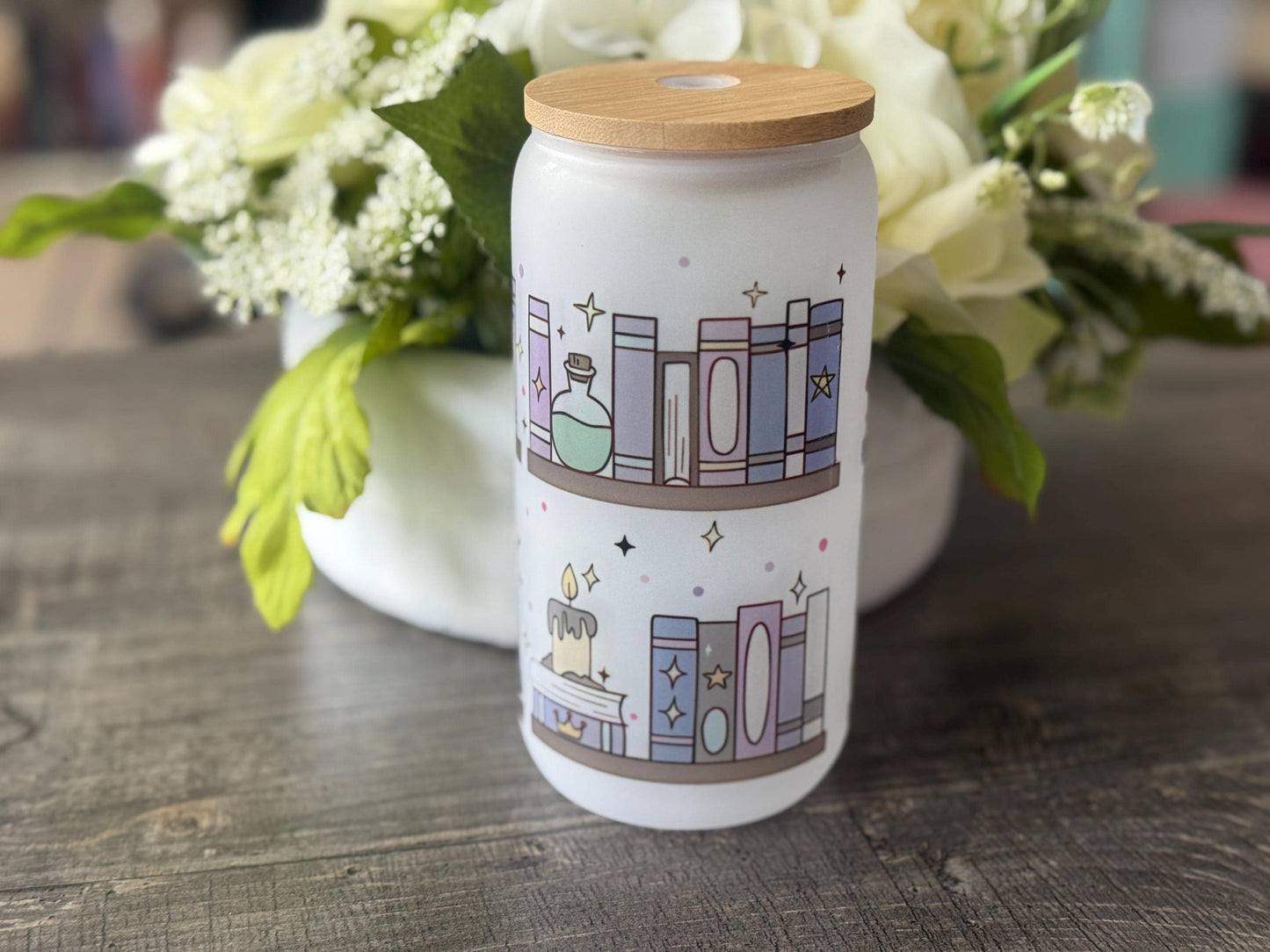 Magical Bookshelf Frosted Glass Tumbler with Bamboo Lid and Straw | 16oz Book Lover Gift | Fantasy Aesthetic Drinkware