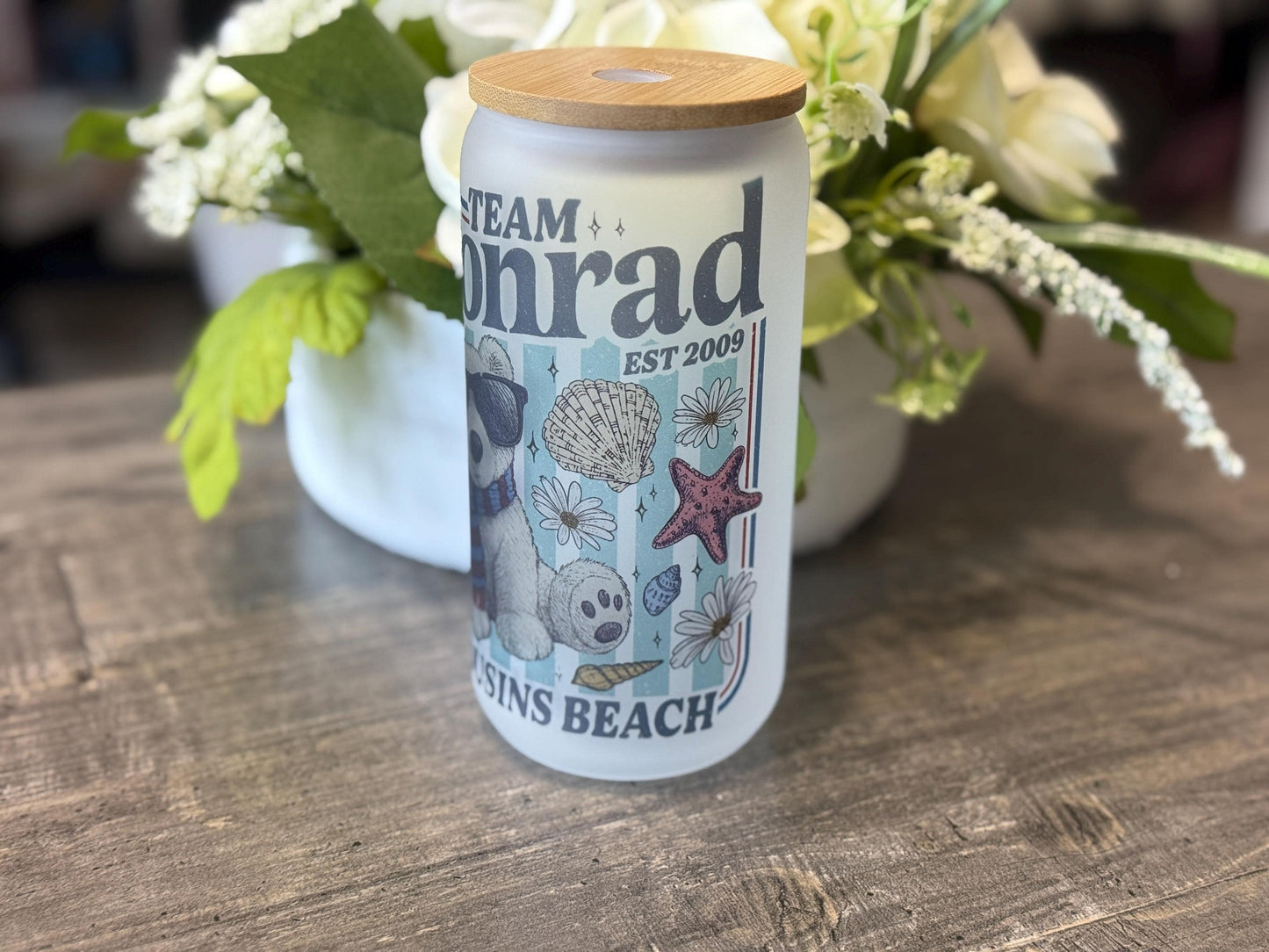 Summer I Turned Pretty | Cousins Beach Inspired 16oz Frosted Glass with Bamboo Lid & Straw | Junior Mint Bear | Team Conrad