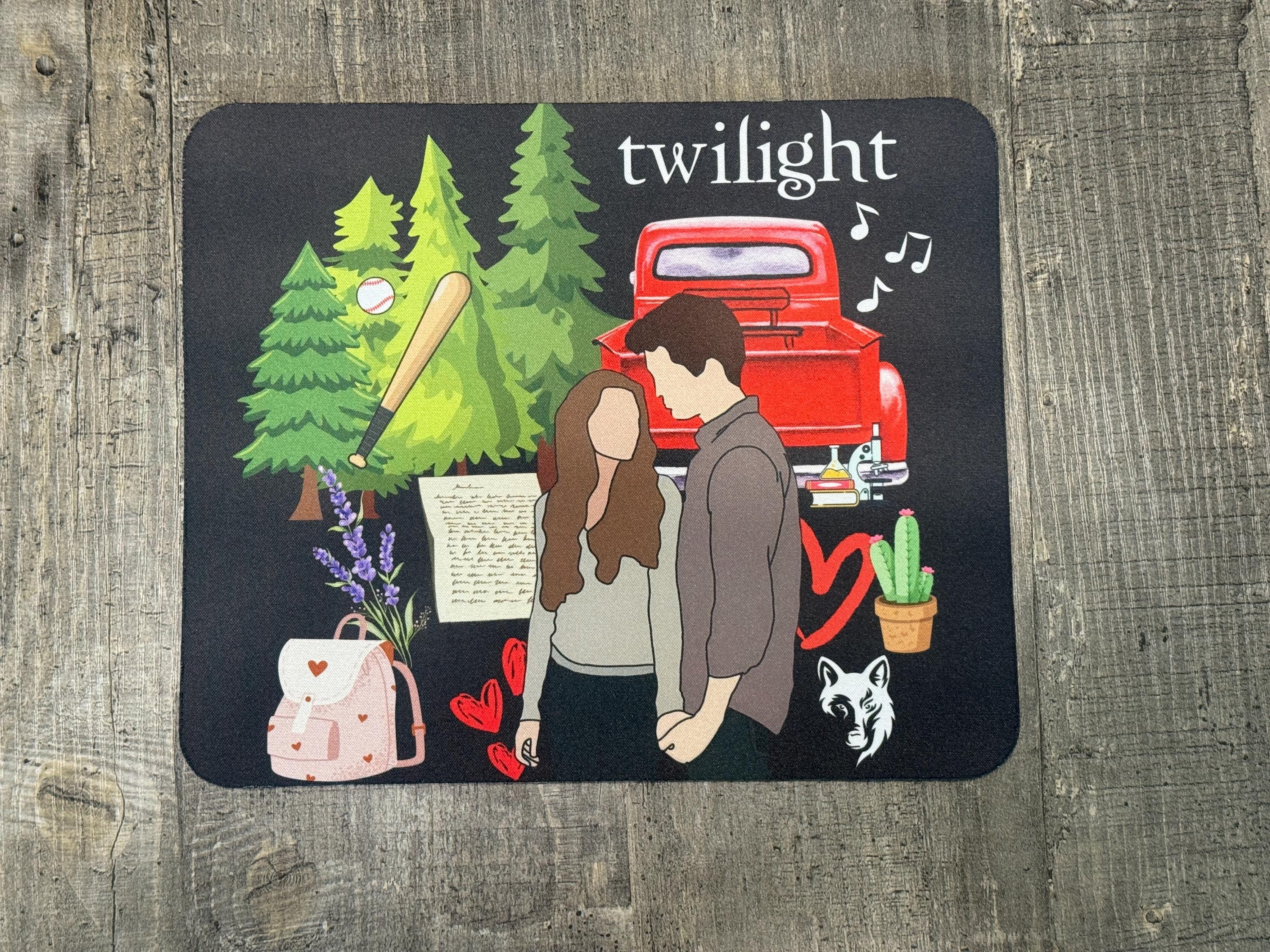 Bella and Edward Twilight Mouse Pad – Forest Romance with Iconic Red Truck