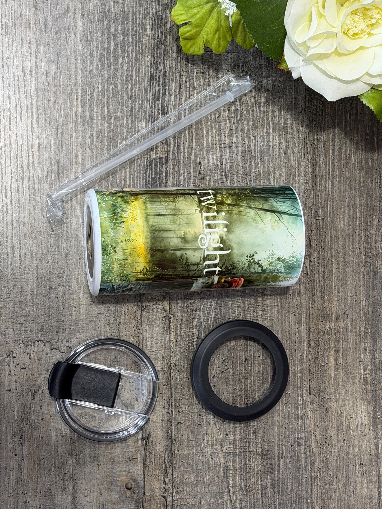 Twilight Aesthetic 4 in 1 Can Cooler | Edward Bella Jacob Inspired | Moody Forest Bookish Tumbler | Forks Vibes Cup | Vampire Reader Gift