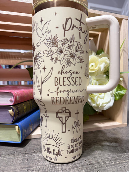 Christian 40oz Engraved Tumbler with Handle | Faith Scripture Cup | Pray Over It Stanley Style Mug | Proverbs 31:25 Gift for Women