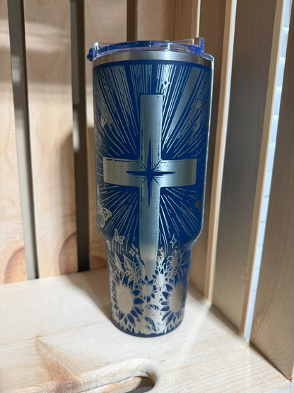 Pink Butterfly Cross 40oz Tumbler with Handle | Faith Inspired Engraved Stanley Style Cup | Christian Gift for Women | Floral Jesus Cup