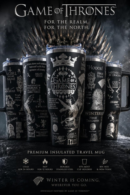 Game of Thrones 40oz Engraved Tumbler | GOT Stanley Style Cup | House Stark Dragon Travel Mug | Fantasy Bookish Gift | Winter Is Coming