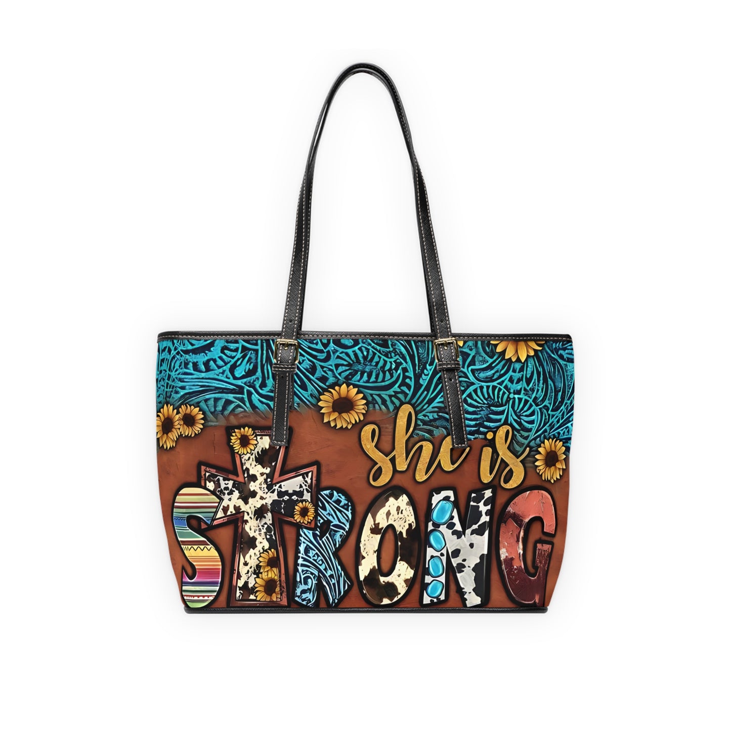 She is Strong | Western PU Leather Shoulder Bag | Cowprint Sunflowers and Faith Inspired Style