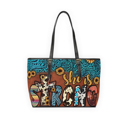 She is Strong | Western PU Leather Shoulder Bag | Cowprint Sunflowers and Faith Inspired Style