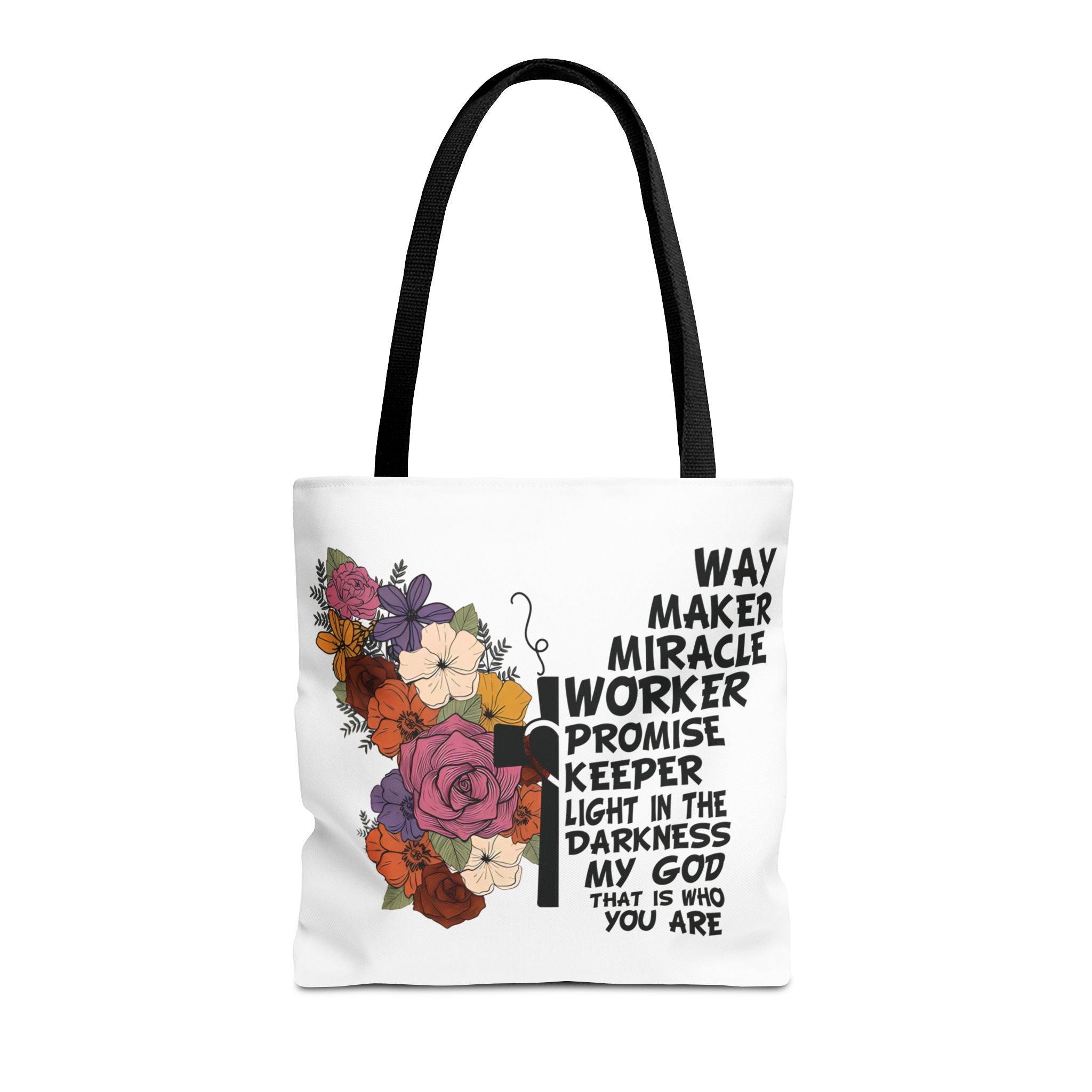 Way Maker Miracle Worker Christian Tote Bag | Floral Cross Bible Verse Tote