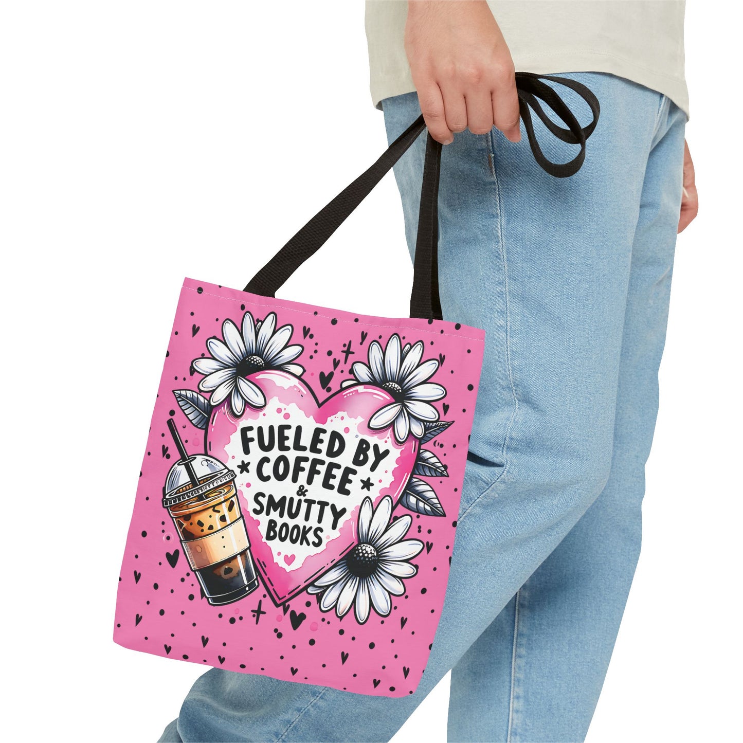 Fueled by Coffee & Smutty Books Tote Bag | Pink Bookish Tote with Daisies + Iced Coffee