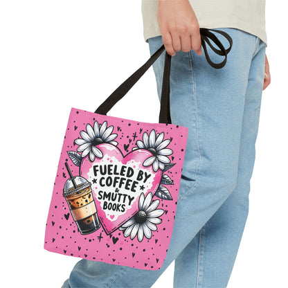 Fueled by Coffee & Smutty Books Tote Bag | Pink Bookish Tote with Daisies + Iced Coffee