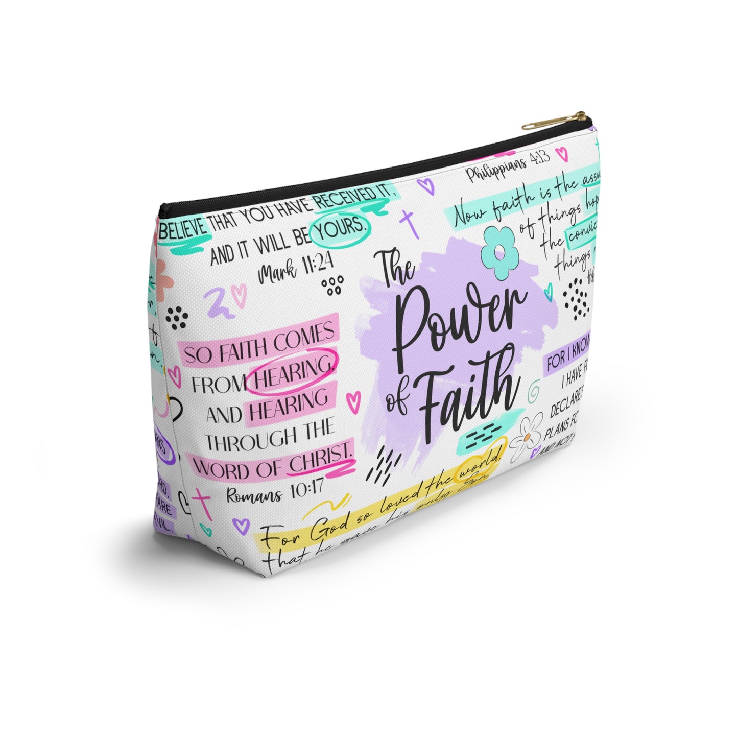 Power of Faith Bible Verse Cosmetic Bag | Pastel Christian Zipper Pouch with Scripture & Butterflies