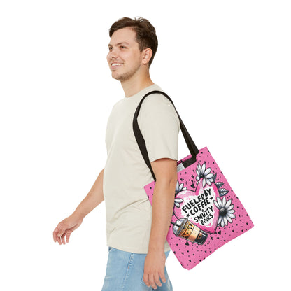 Fueled by Coffee & Smutty Books Tote Bag | Pink Bookish Tote with Daisies + Iced Coffee