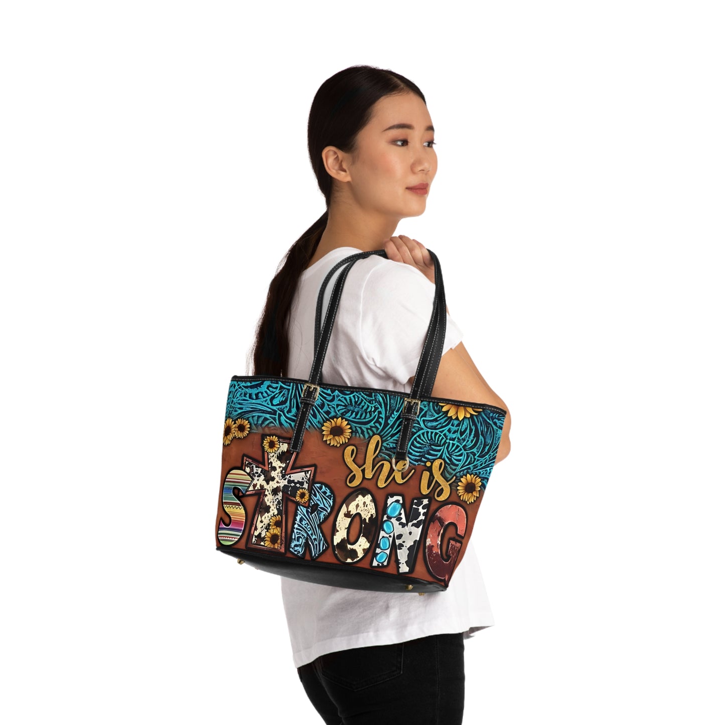 She is Strong | Western PU Leather Shoulder Bag | Cowprint Sunflowers and Faith Inspired Style