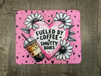 Fueled by Coffee & Smutty Books Mouse Pad – Pink Bookish Desk Mat with Flowers, Iced Latte