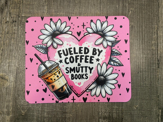 Fueled by Coffee & Smutty Books Mouse Pad – Pink Bookish Desk Mat with Flowers, Iced Latte