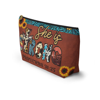 She is Strong Proverbs 31:25 Cosmetic Bag | Western Faith Inspired Sunflower Pouch