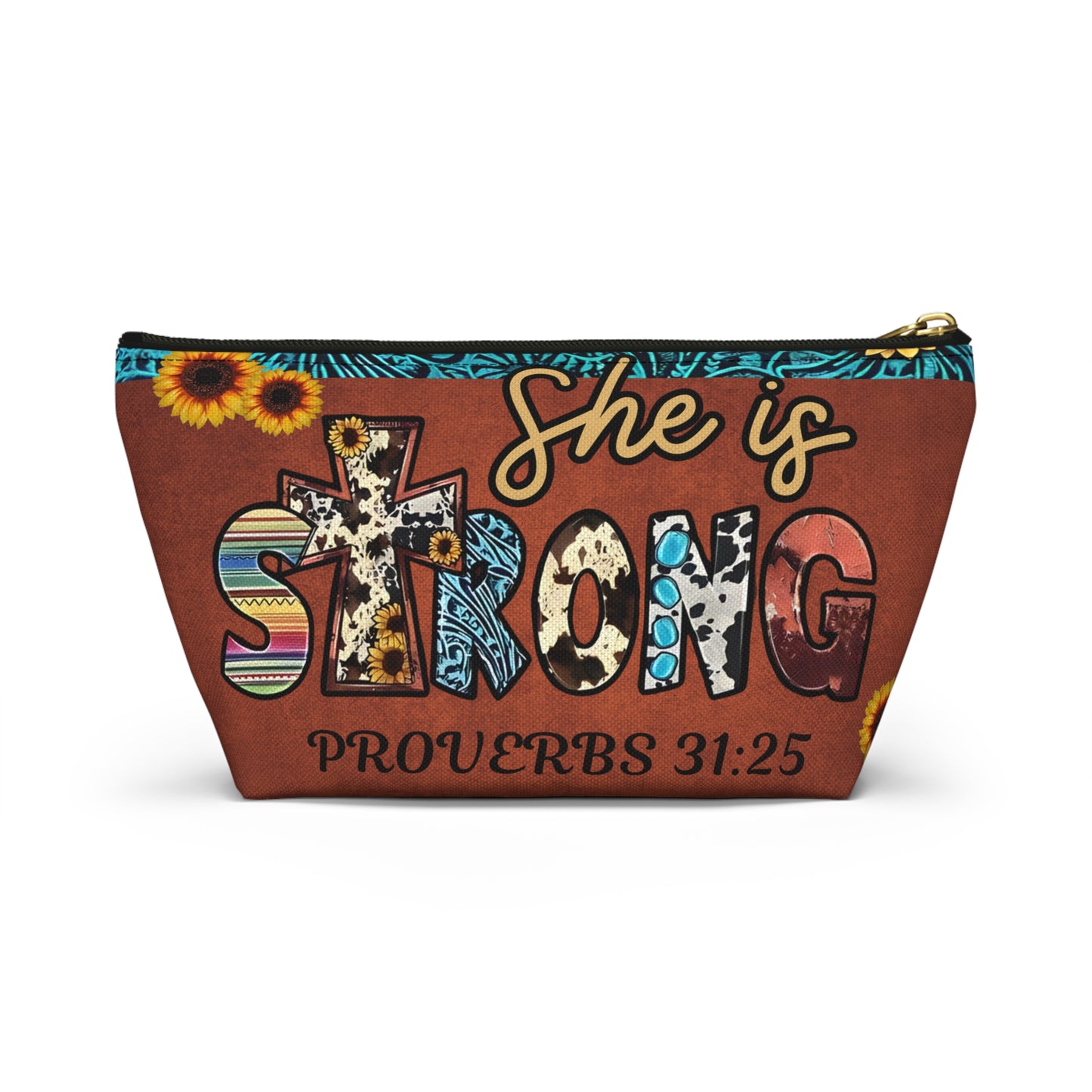 She is Strong Proverbs 31:25 Cosmetic Bag | Western Faith Inspired Sunflower Pouch