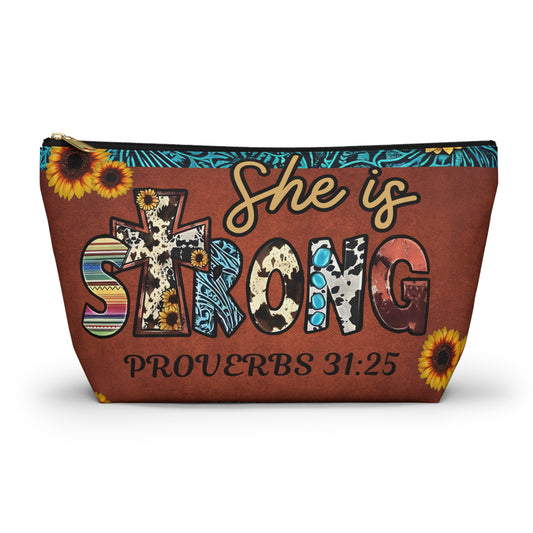 She is Strong Proverbs 31:25 Cosmetic Bag | Western Faith Inspired Sunflower Pouch