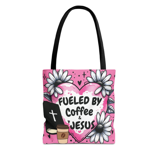 Fueled by Coffee & Jesus Christian Tote Bag | Pink Floral Faith Market Bag