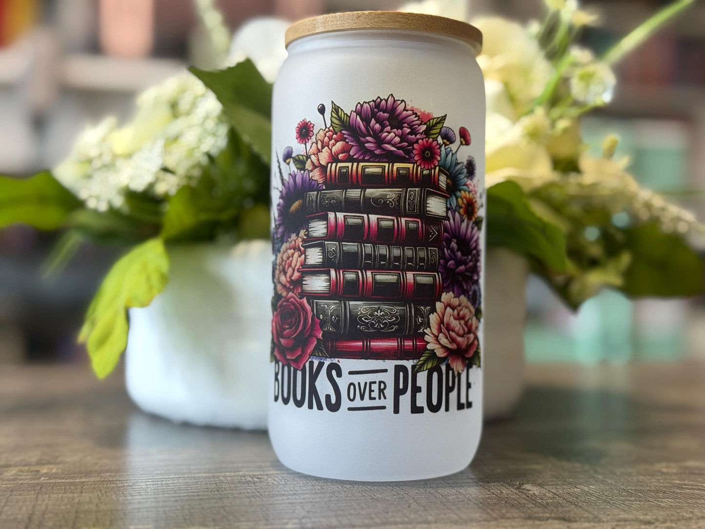 Books Over People Frosted Glass Tumbler with Bamboo Lid and Straw | 16oz Book Lover Gift | Floral Reading Aesthetic Cup