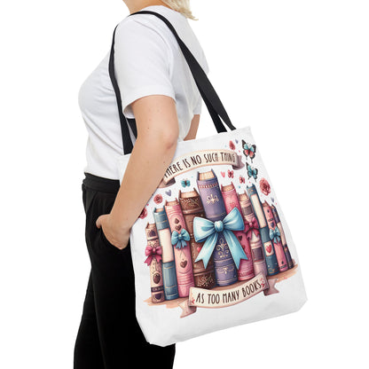 Book Lover Tote Bag | "There Is No Such Thing As Too Many Books" | Cute Bookish Gift with Bows & Butterflies
