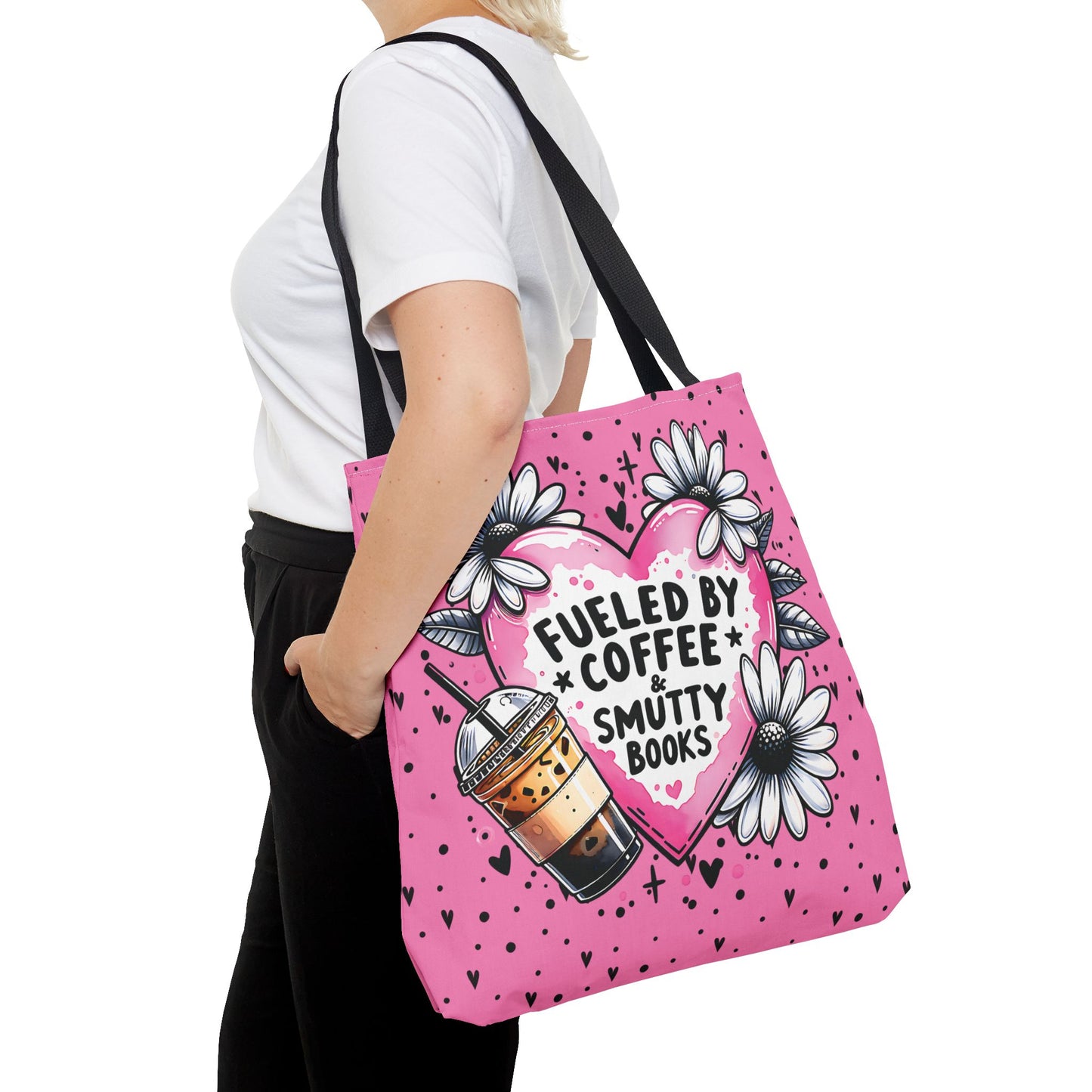 Fueled by Coffee & Smutty Books Tote Bag | Pink Bookish Tote with Daisies + Iced Coffee