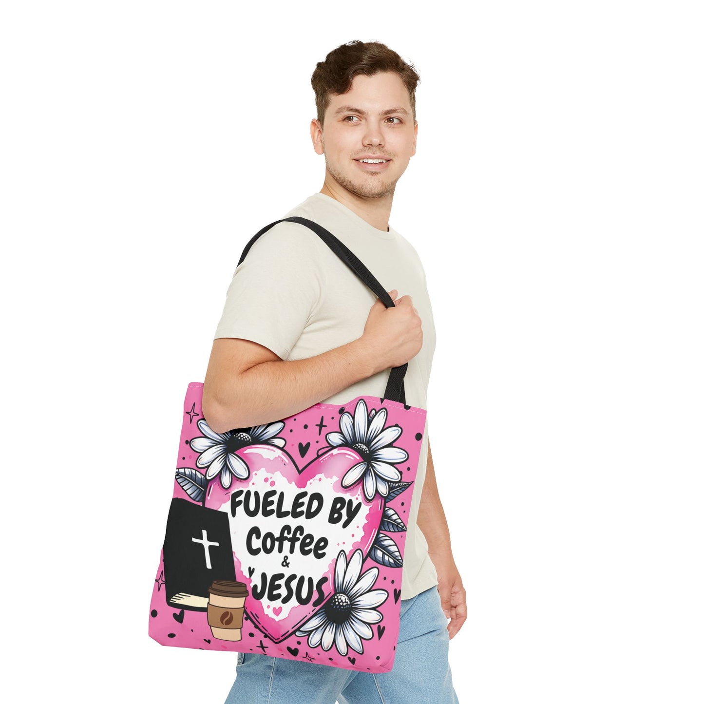 Fueled by Coffee & Jesus Christian Tote Bag | Pink Floral Faith Market Bag