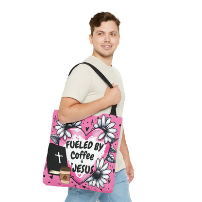 Fueled by Coffee & Jesus Christian Tote Bag | Pink Floral Faith Market Bag