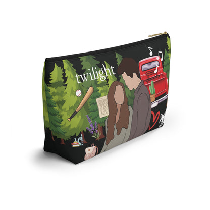 Twilight Inspired Cosmetic Bag | Forest Romance Design with Red Truck & Bookish Icons | YA Zipper Pouch
