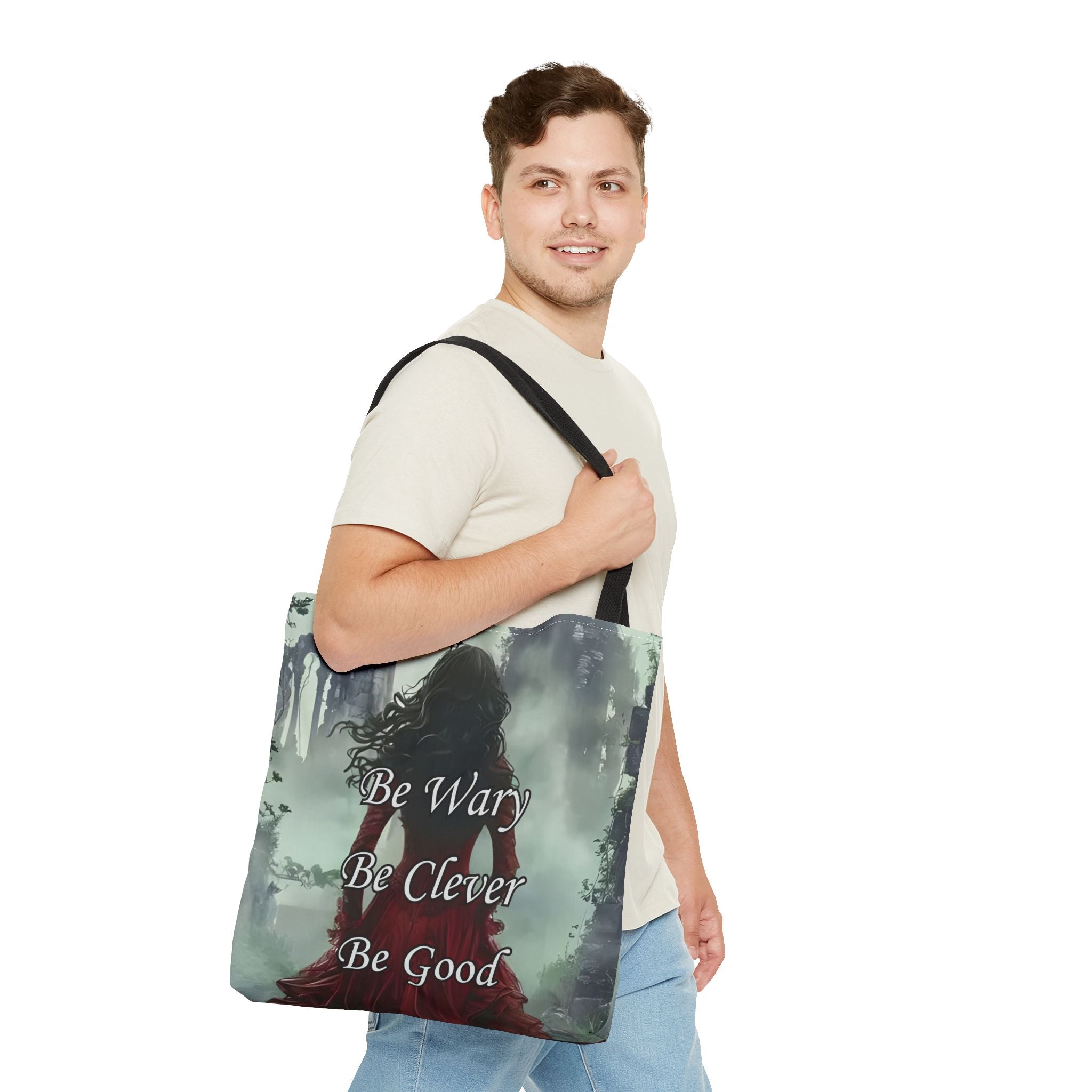 Be Wary Be Clever Be Good Tote bag | Gothic woman red cloak illustration