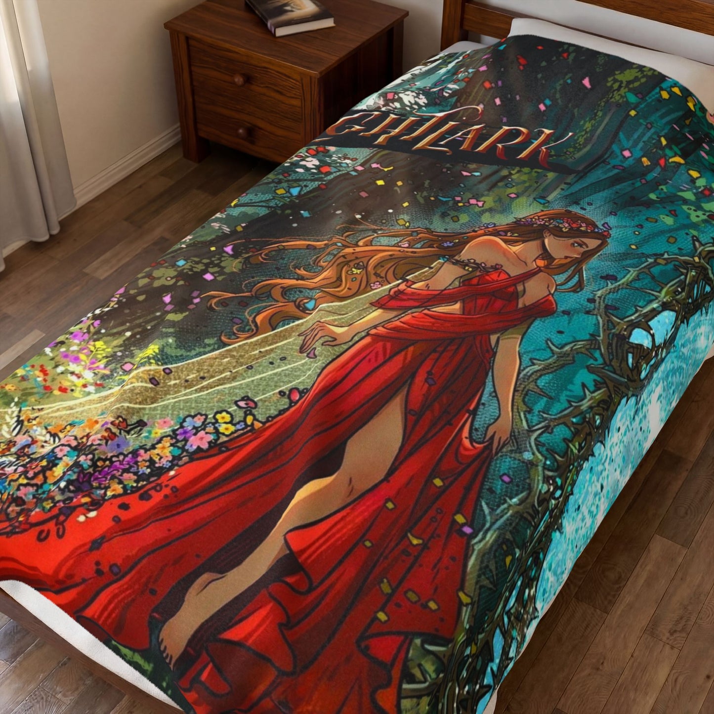 Lightlark-Inspired Enchanted Forest Blanket | Isla in Crimson Gown | Bookish Fantasy Throw