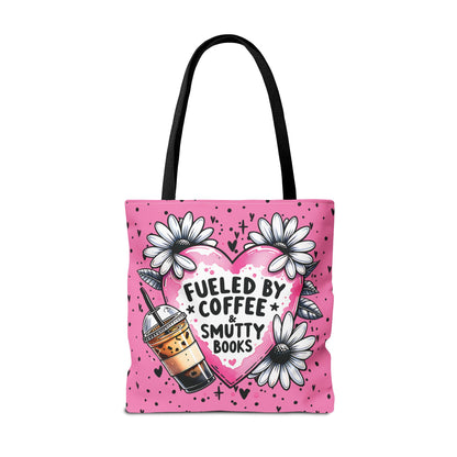 Fueled by Coffee & Smutty Books Tote Bag | Pink Bookish Tote with Daisies + Iced Coffee