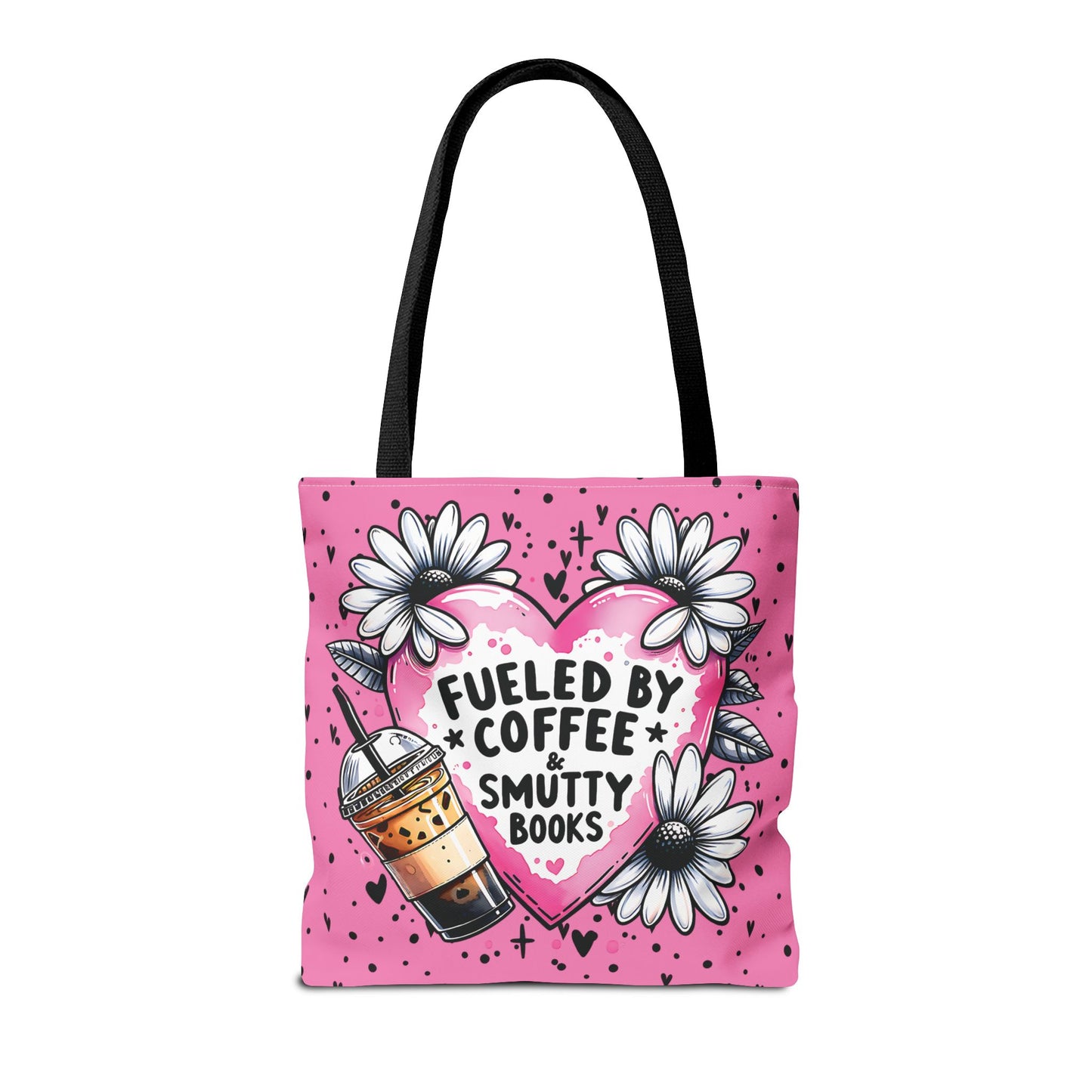Fueled by Coffee & Smutty Books Tote Bag | Pink Bookish Tote with Daisies + Iced Coffee