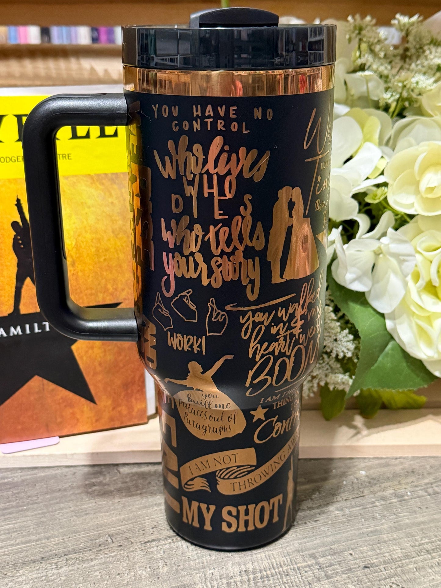 Hamilton Inspired 40oz Engraved Tumbler with Handle – Broadway Musical Quote Cup – Theater Lover Gift – Stanley Style