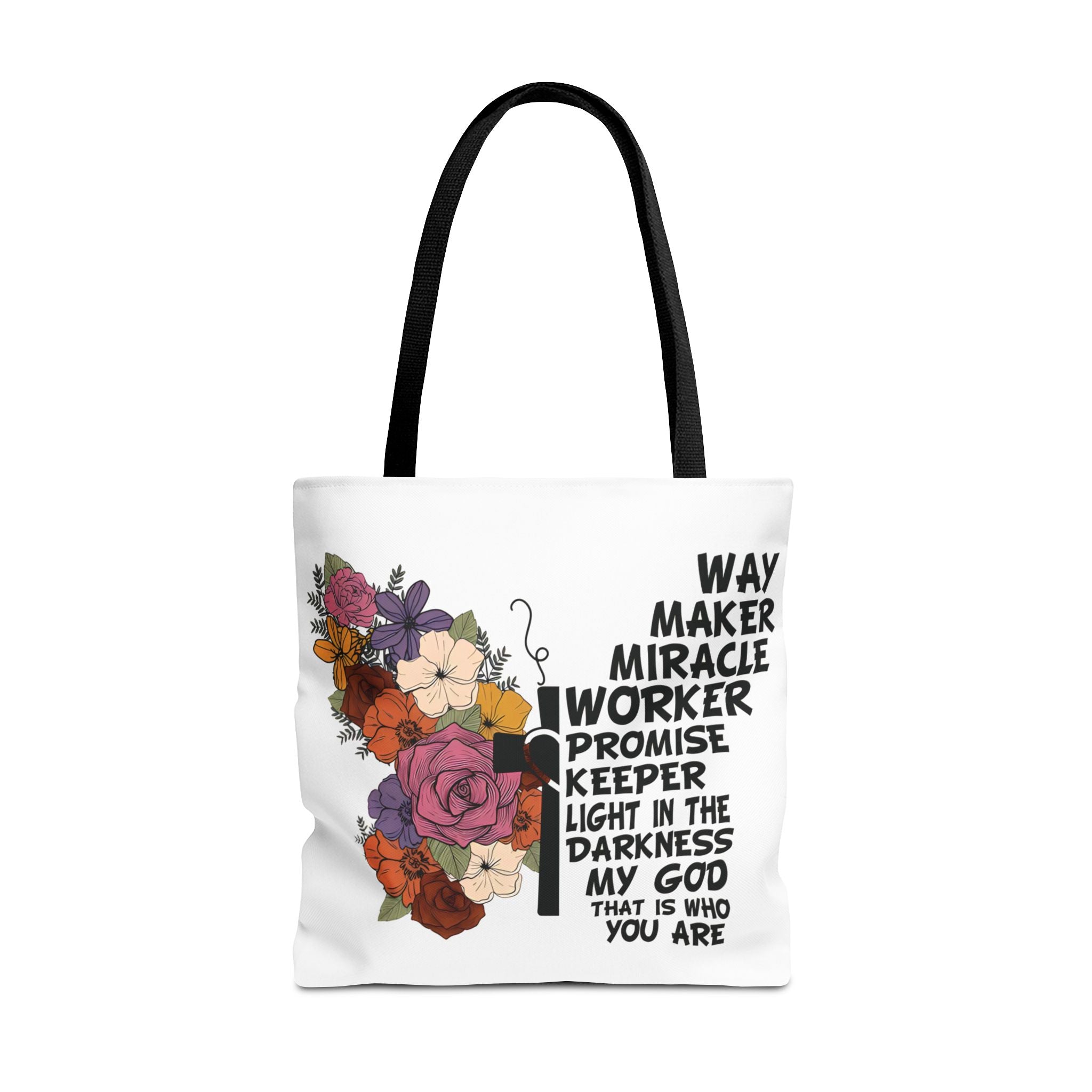 Way Maker Miracle Worker Christian Tote Bag | Floral Cross Bible Verse Tote