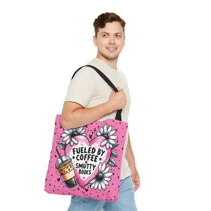 Fueled by Coffee & Smutty Books Tote Bag | Pink Bookish Tote with Daisies + Iced Coffee