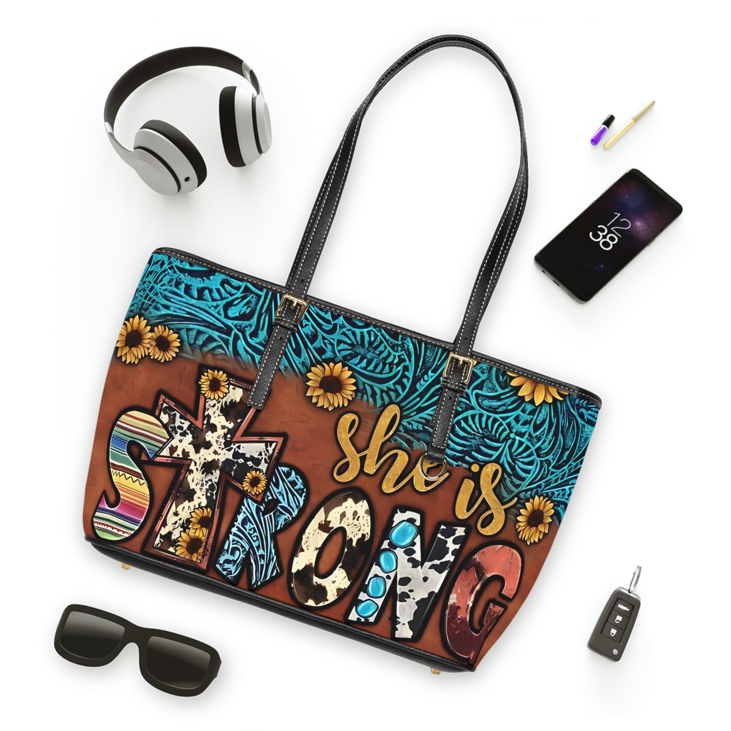 She is Strong | Western PU Leather Shoulder Bag | Cowprint Sunflowers and Faith Inspired Style
