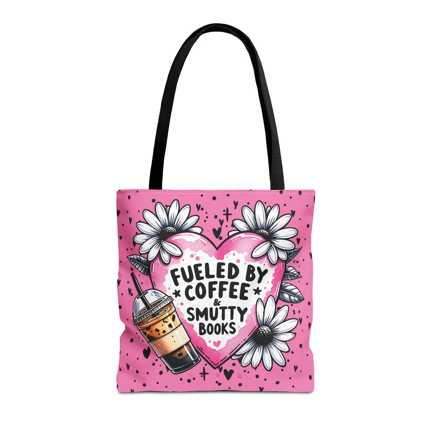 Fueled by Coffee & Smutty Books Tote Bag | Pink Bookish Tote with Daisies + Iced Coffee