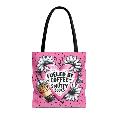 Fueled by Coffee & Smutty Books Tote Bag | Pink Bookish Tote with Daisies + Iced Coffee