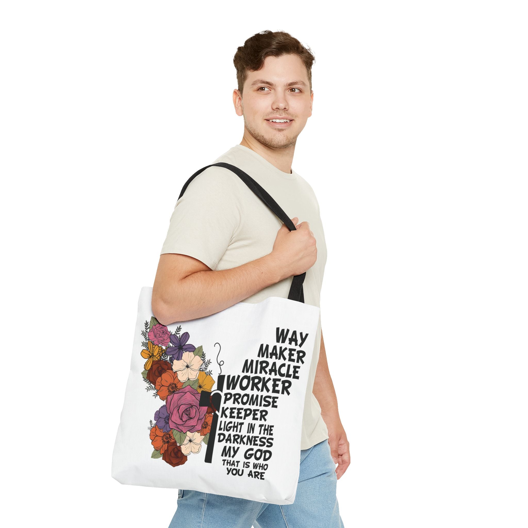 Way Maker Miracle Worker Christian Tote Bag | Floral Cross Bible Verse Tote