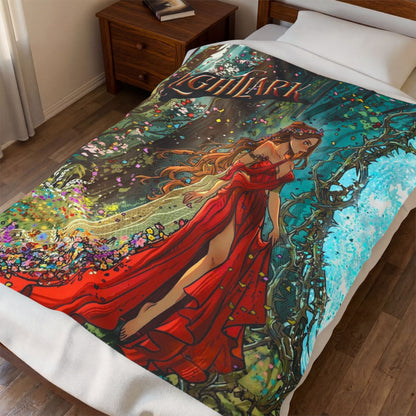 Lightlark-Inspired Enchanted Forest Blanket | Isla in Crimson Gown | Bookish Fantasy Throw
