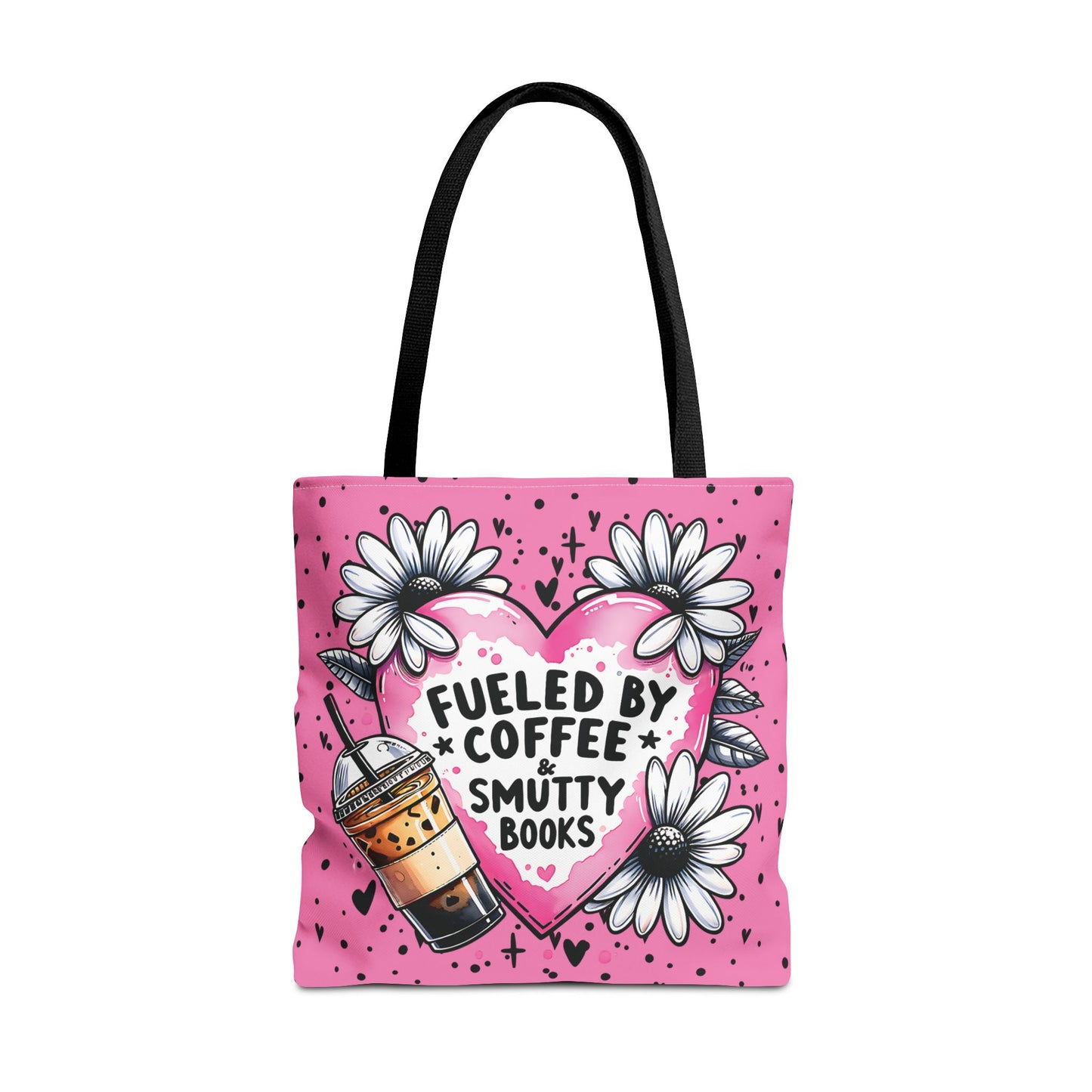 Fueled by Coffee & Smutty Books Tote Bag | Pink Bookish Tote with Daisies + Iced Coffee