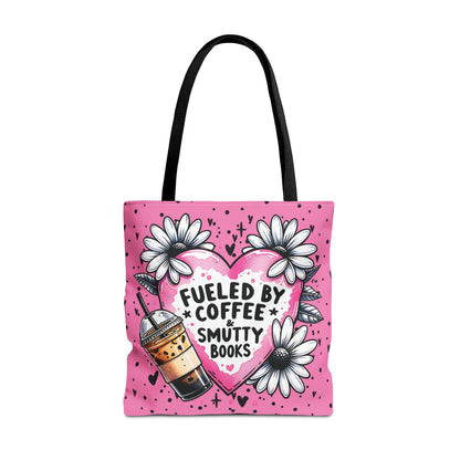 Fueled by Coffee & Smutty Books Tote Bag | Pink Bookish Tote with Daisies + Iced Coffee
