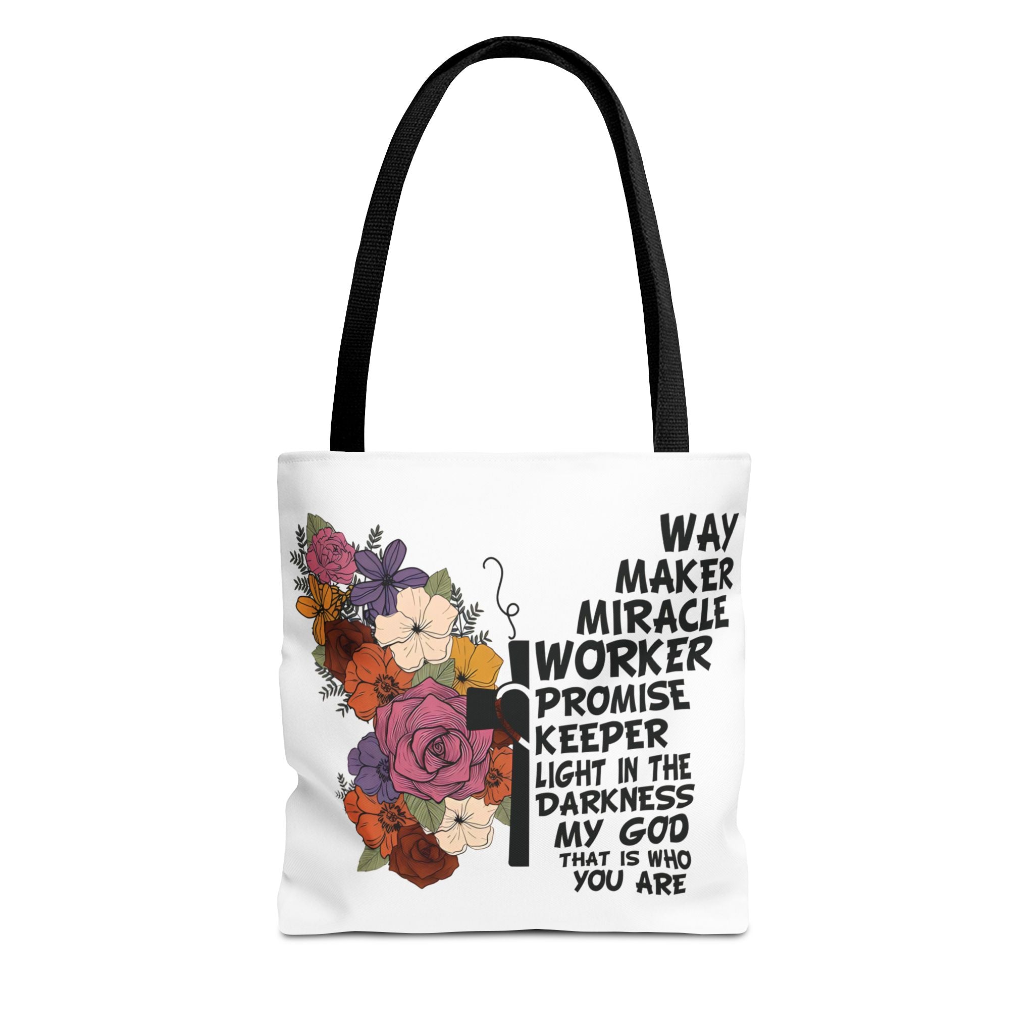 Way Maker Miracle Worker Christian Tote Bag | Floral Cross Bible Verse Tote